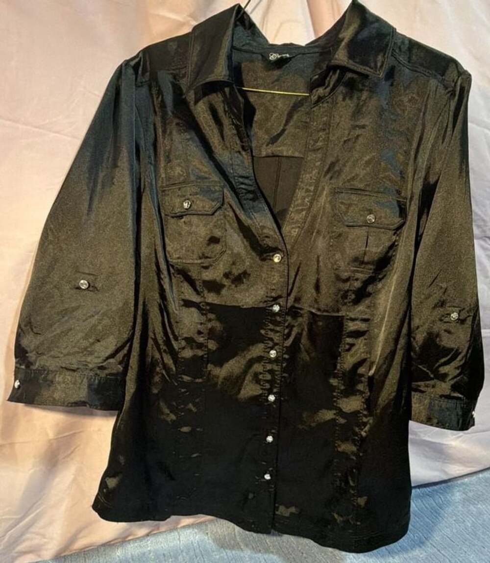 Guess Button Up Shirt Size XL Black Satin Collared Top